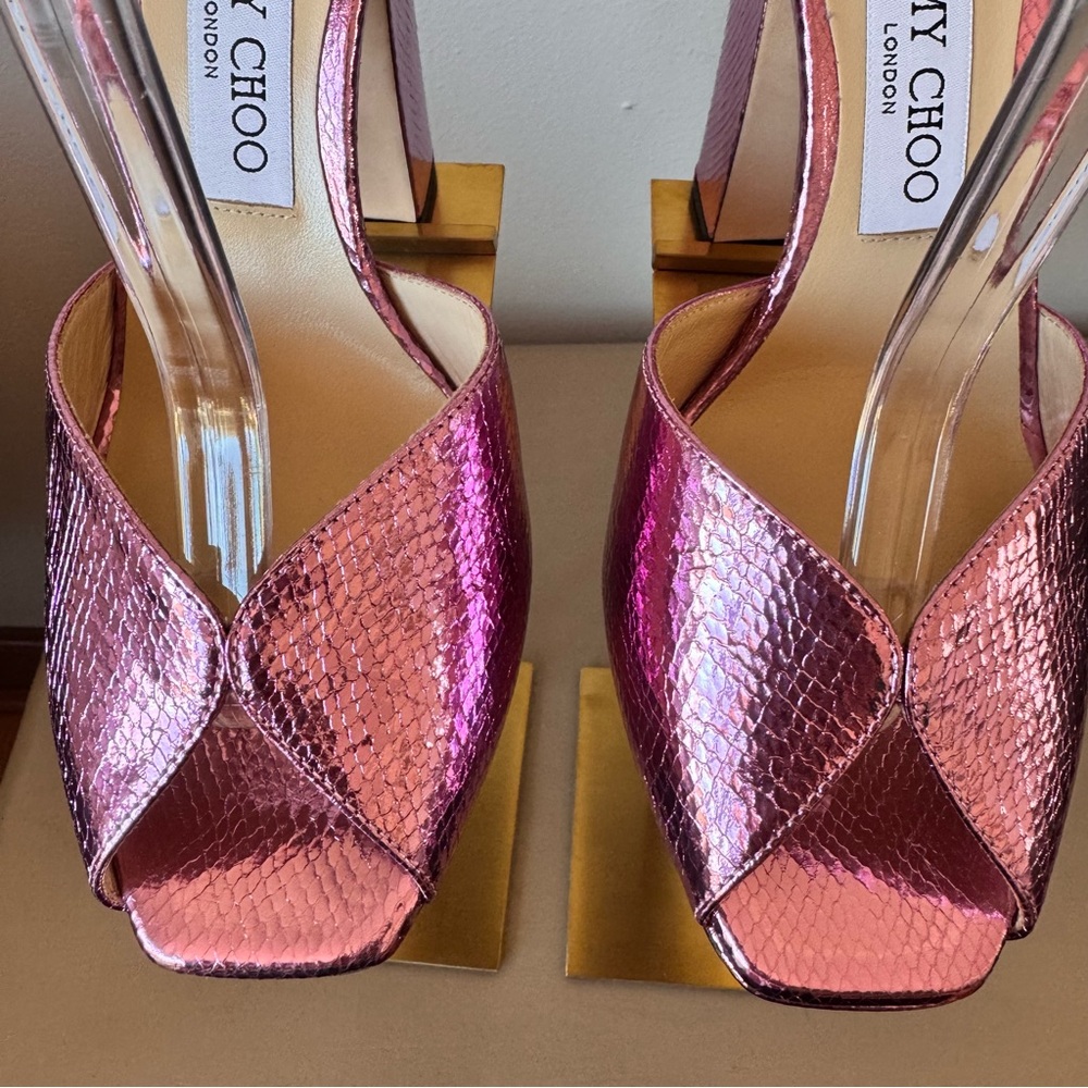 Jimmy Choo Sacaria 120 Pink Metallic Platform Sandals EU 38 Block Heel NWT - Picture 5 of 15